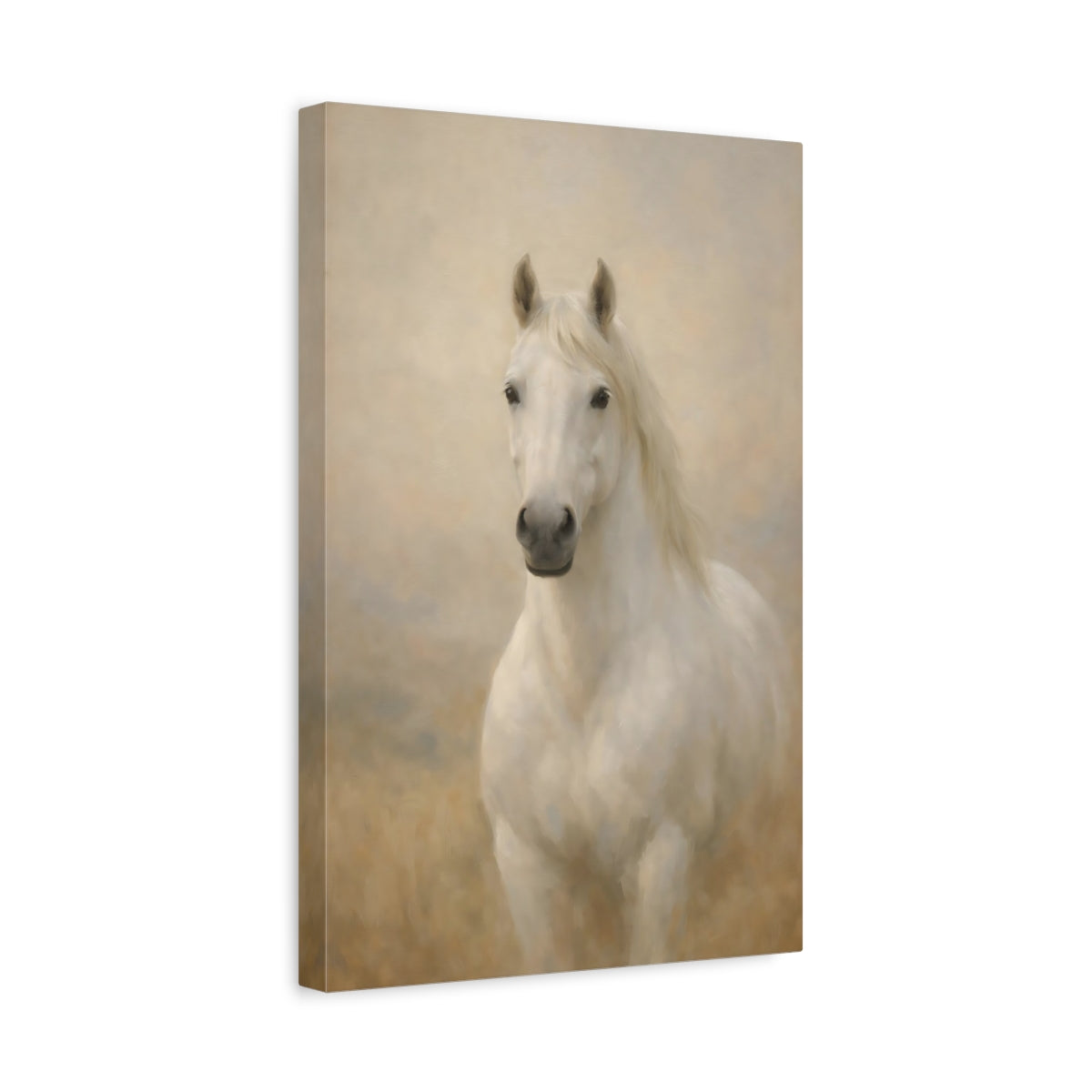 Side Mockup 4. Animals White Horse White Horse Art shown as stretched canvas wall art