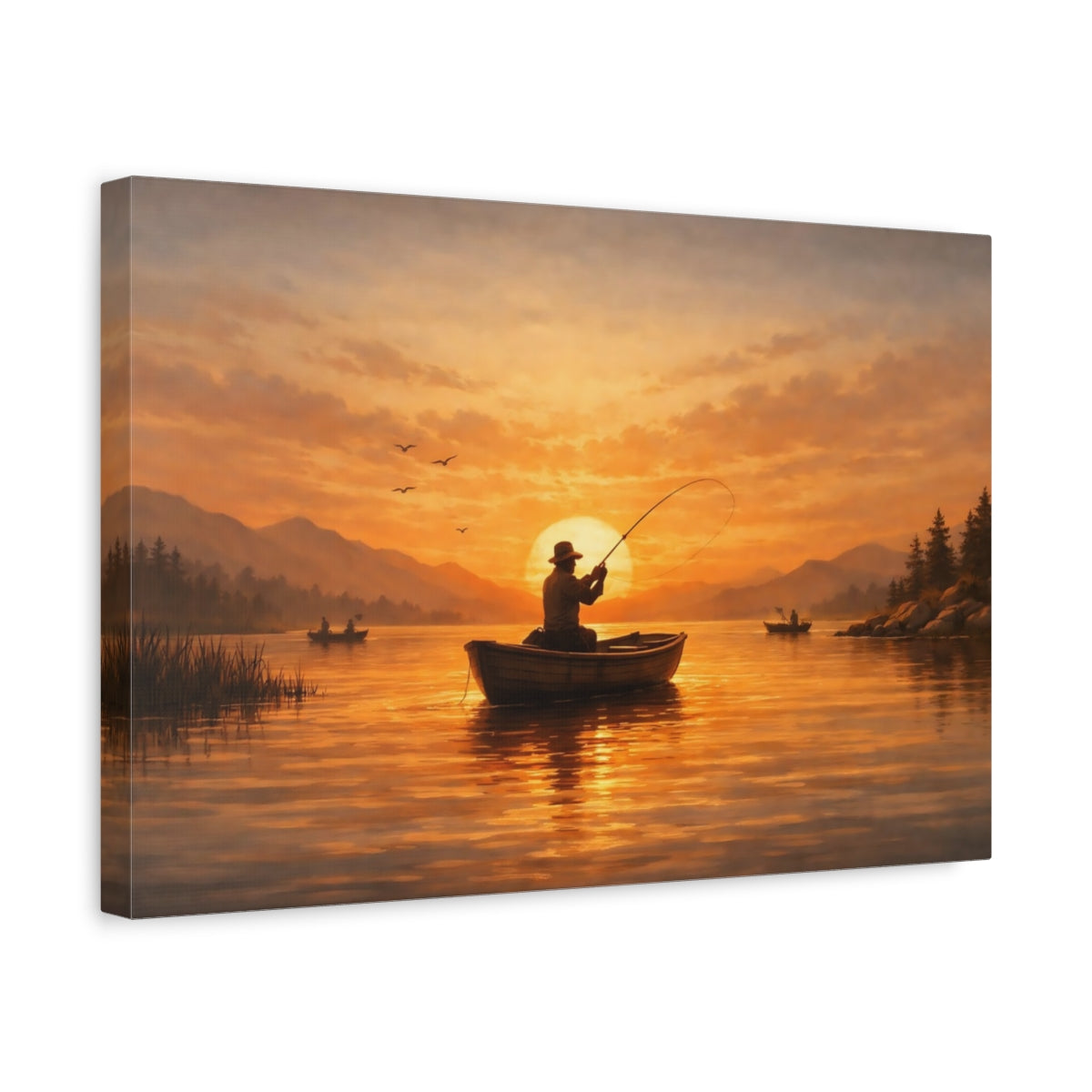 Side Mockup 4. Vintage Sunset Fishing shown as stretched canvas wall art