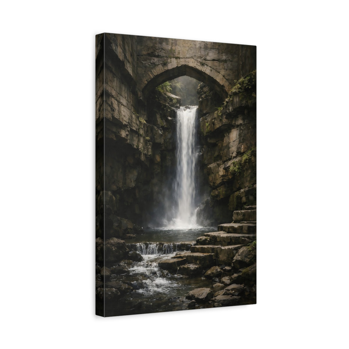 Side Mockup 4. Nature Waterfall Dark Waterfall Bridge shown as stretched canvas wall art