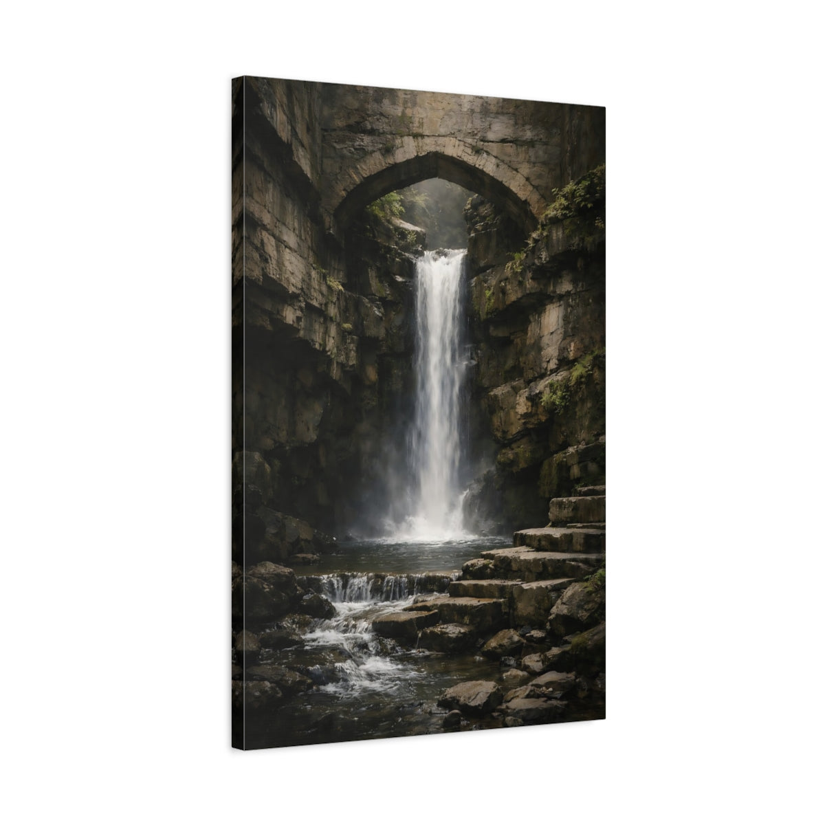 Side Mockup 2. Nature Waterfall Dark Waterfall Bridge shown as stretched canvas wall art