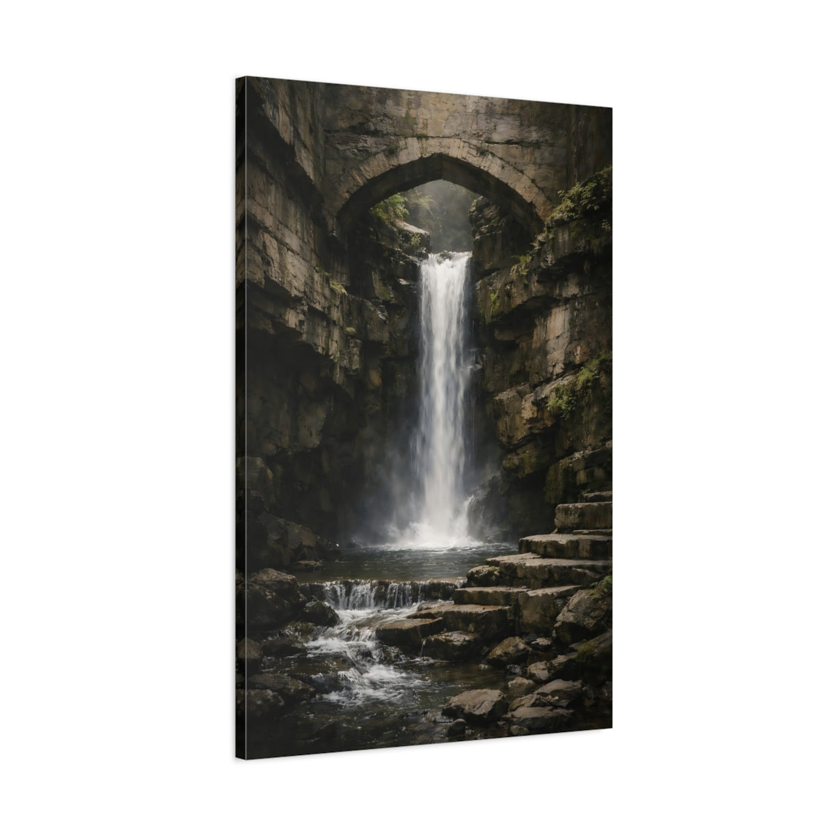 Side Mockup 1. Nature Waterfall Dark Waterfall Bridge shown as stretched canvas wall art