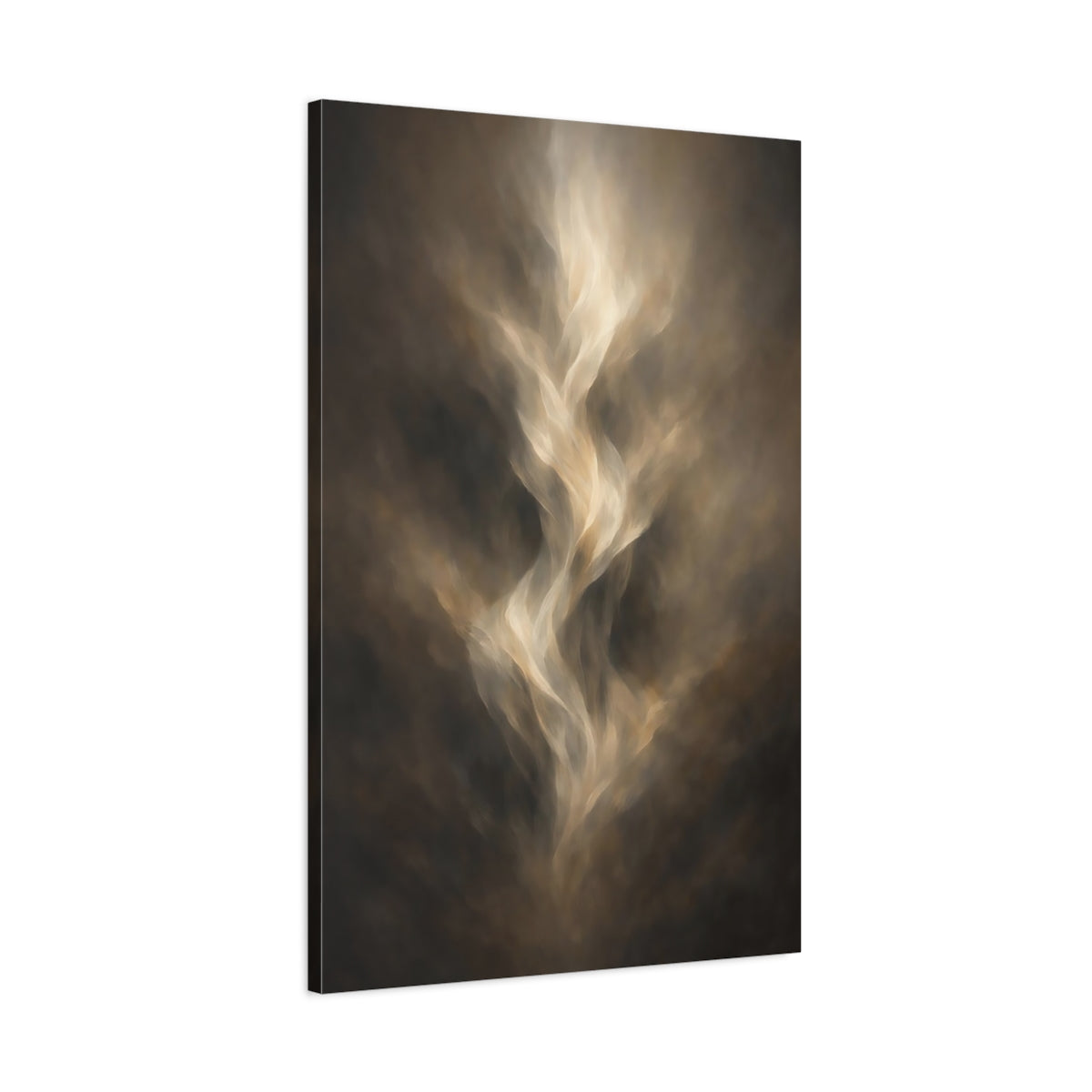 Side Mockup 1. Abstract Ethereal Energy Brown And Gold shown as stretched canvas wall art