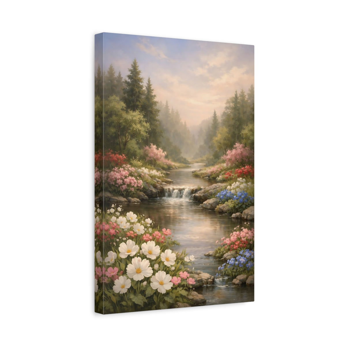 Side Mockup 4. Nature Flower Stream Pastel River Landscape shown as stretched canvas wall art