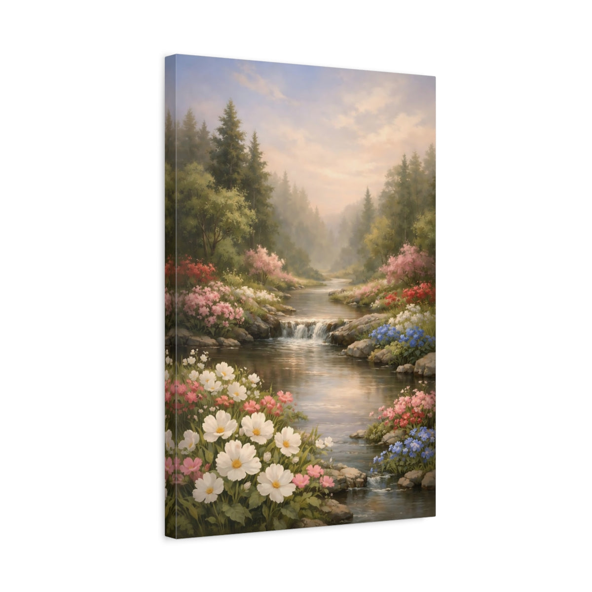 Side Mockup 3. Nature Flower Stream Pastel River Landscape shown as stretched canvas wall art