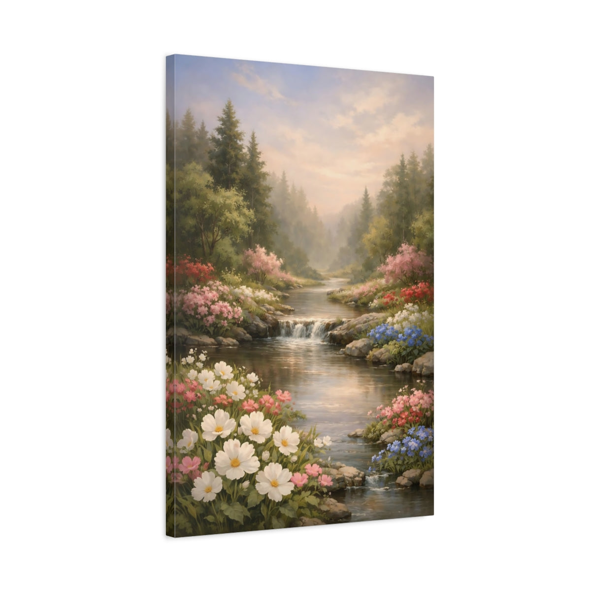 Side Mockup 2. Nature Flower Stream Pastel River Landscape shown as stretched canvas wall art