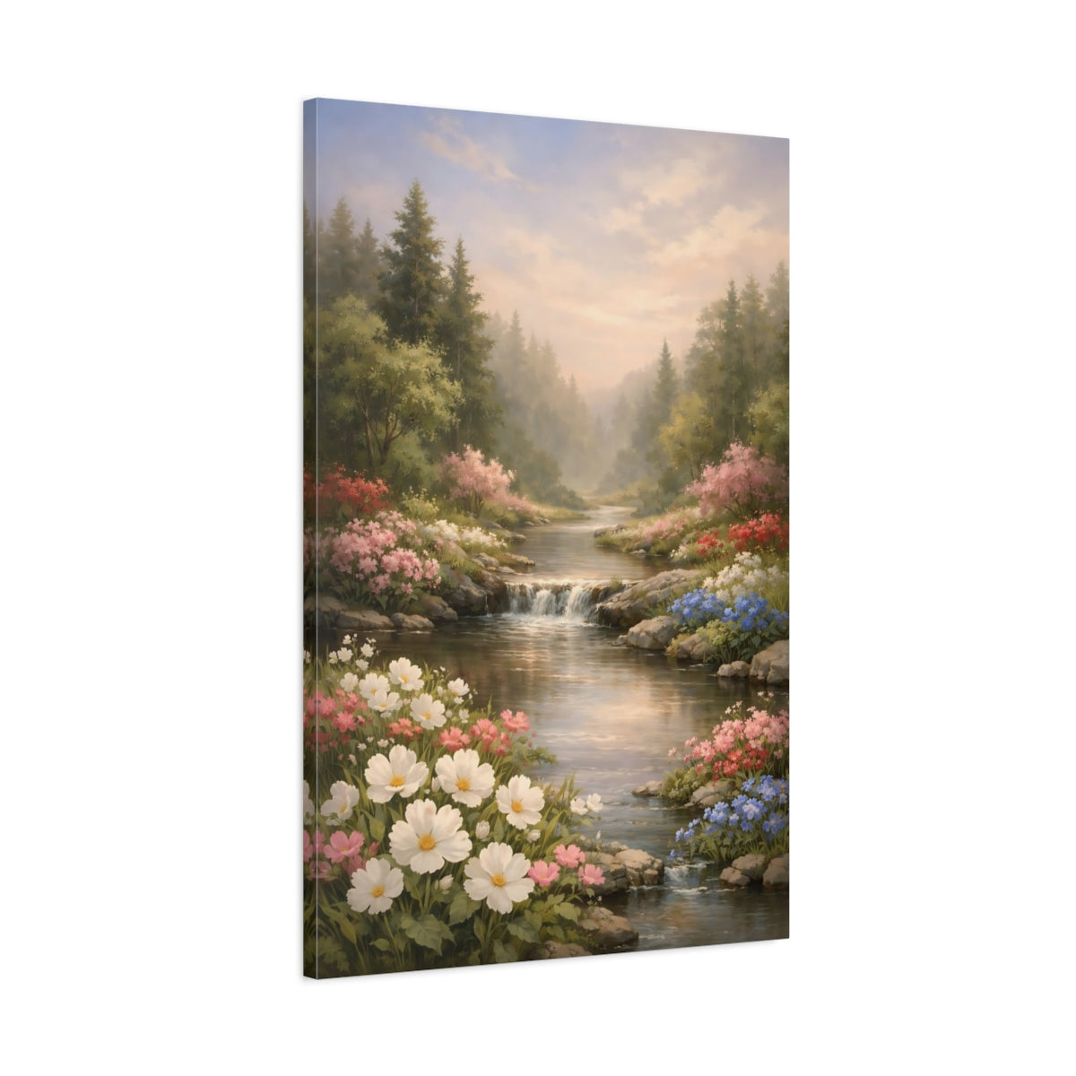 Side Mockup 1. Nature Flower Stream Pastel River Landscape shown as stretched canvas wall art