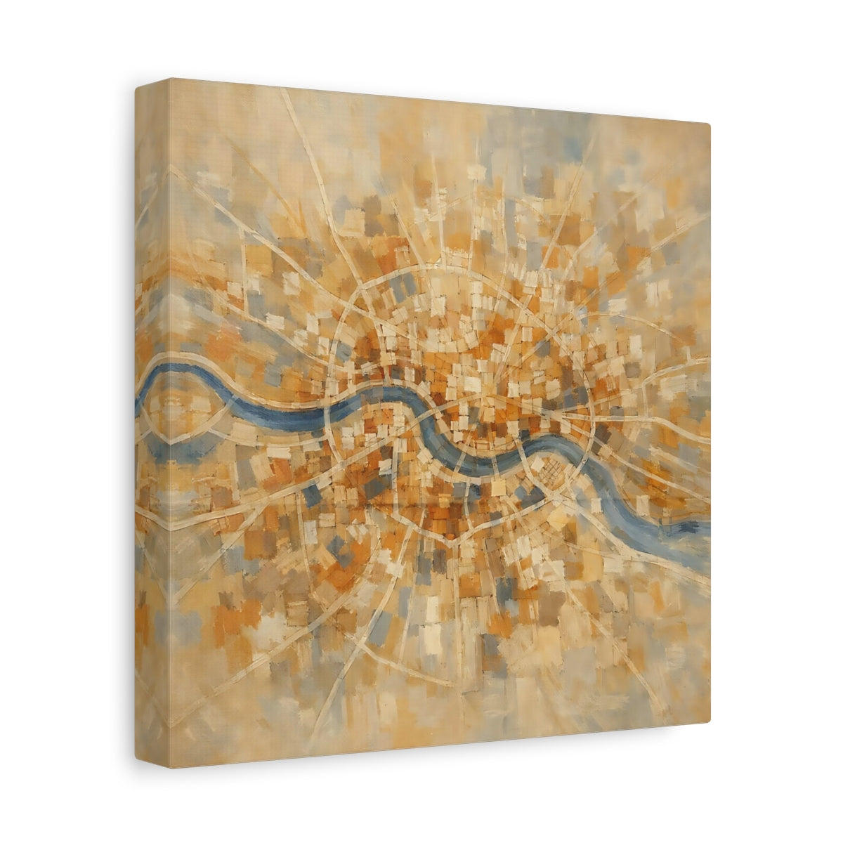 Side Mockup 9. Maps City Map Gold Blue Map shown as stretched canvas wall art