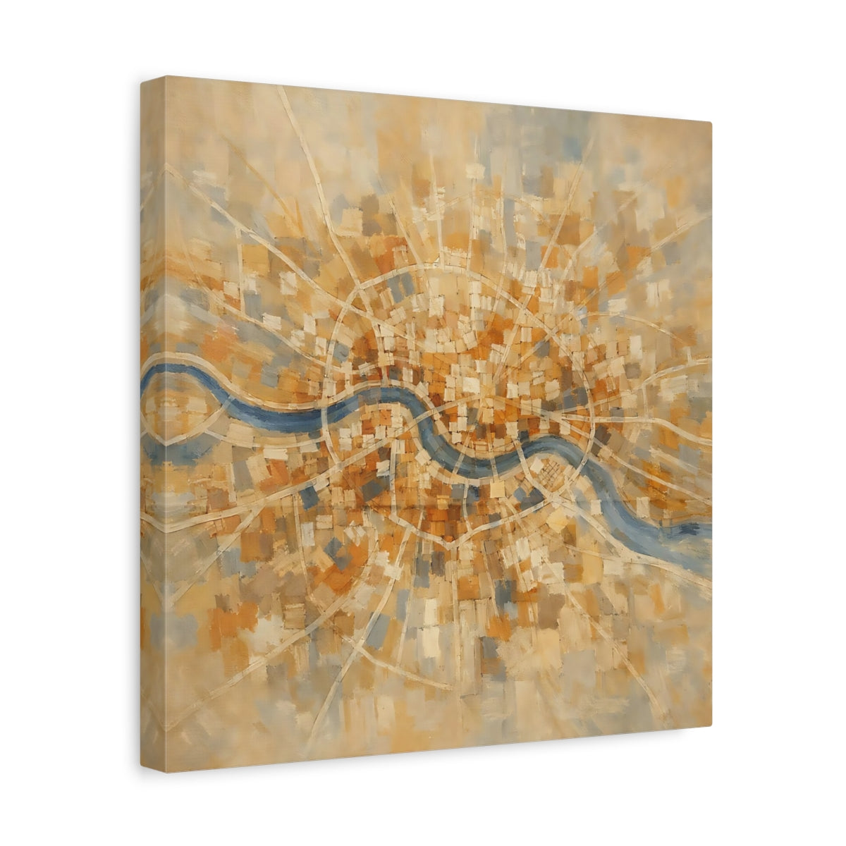 Side Mockup 7. Maps City Map Gold Blue Map shown as stretched canvas wall art