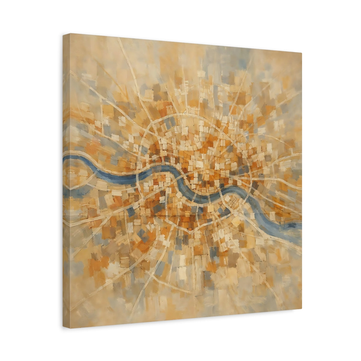 Side Mockup 5. Maps City Map Gold Blue Map shown as stretched canvas wall art
