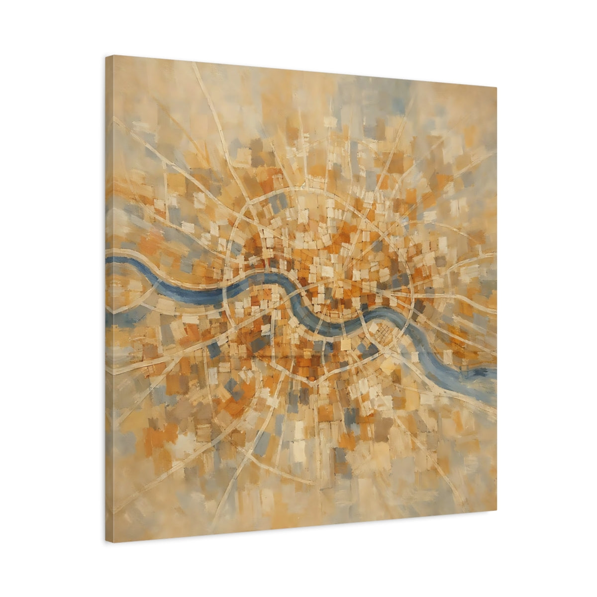 Side Mockup 3. Maps City Map Gold Blue Map shown as stretched canvas wall art
