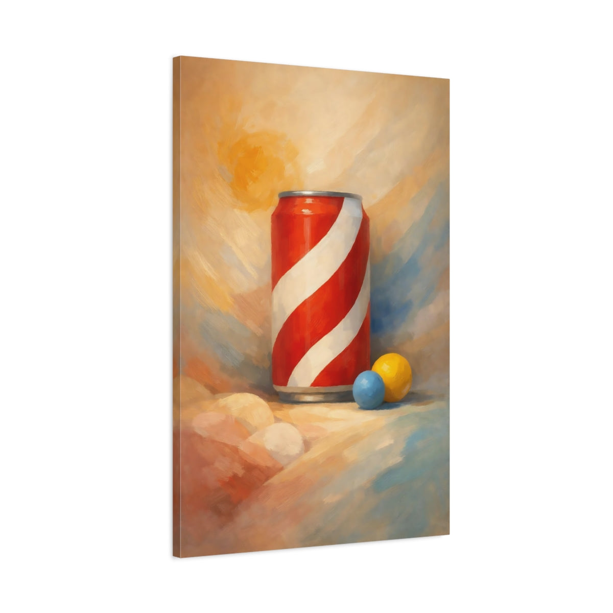 Side Mockup 1. Abstract Striped Can Red And White Can shown as stretched canvas wall art