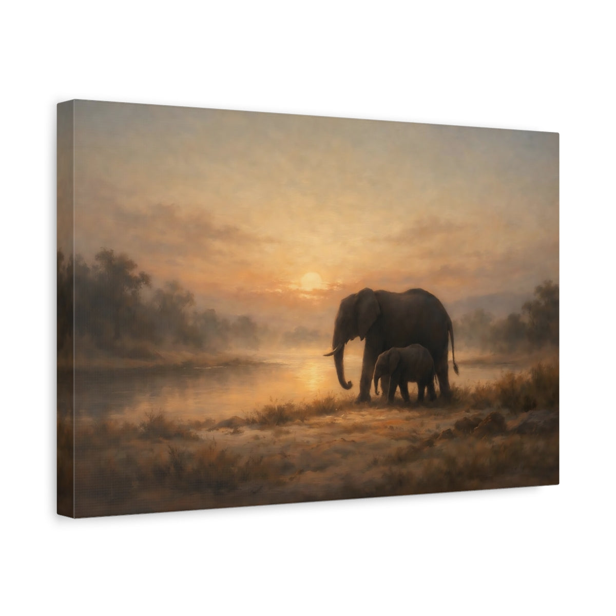 Side Mockup 4. Nature Elephants Warm Sunset Elephants shown as stretched canvas wall art