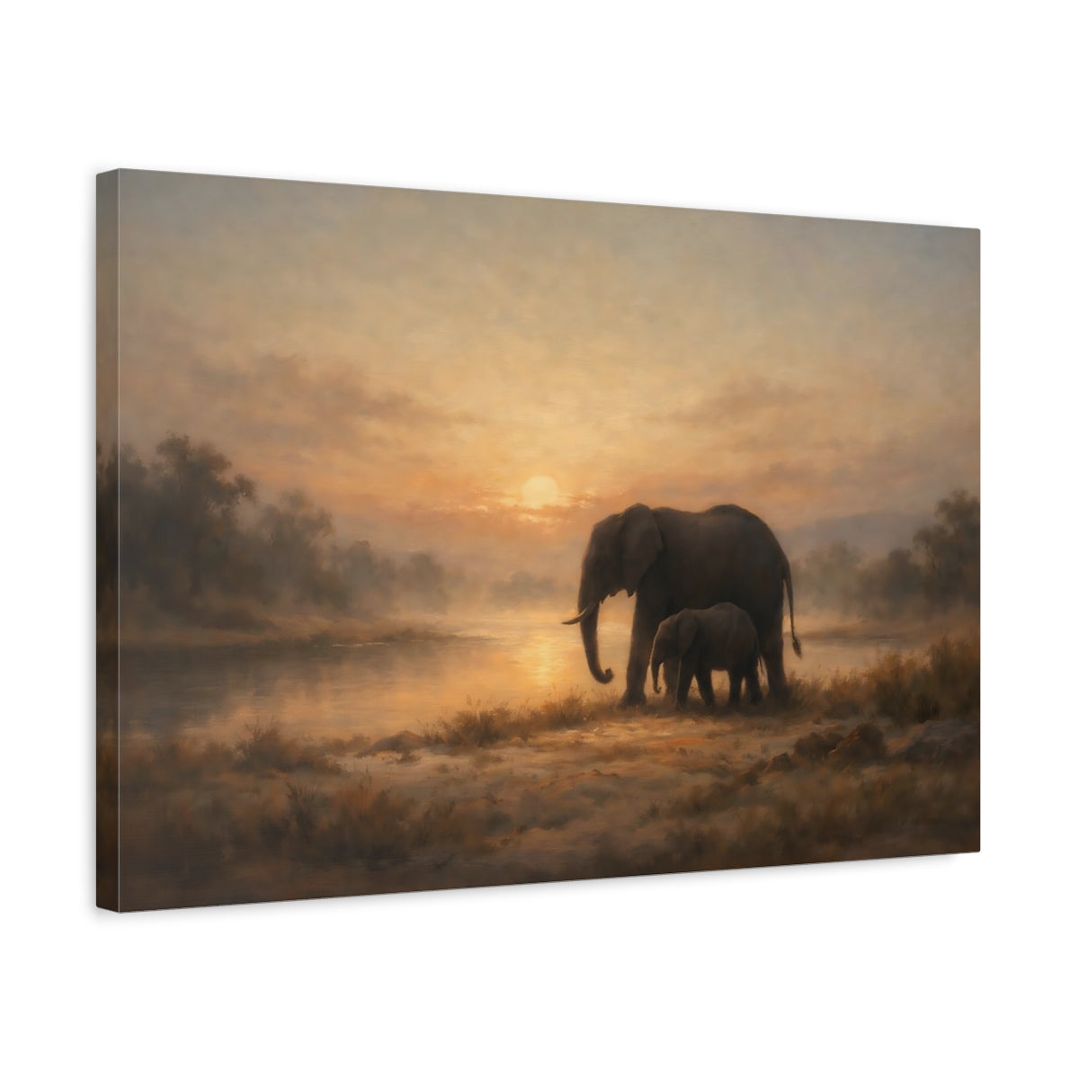 Side Mockup 3. Nature Elephants Warm Sunset Elephants shown as stretched canvas wall art