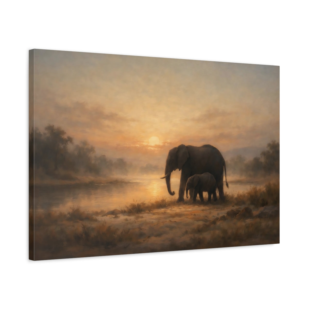 Side Mockup 2. Nature Elephants Warm Sunset Elephants shown as stretched canvas wall art