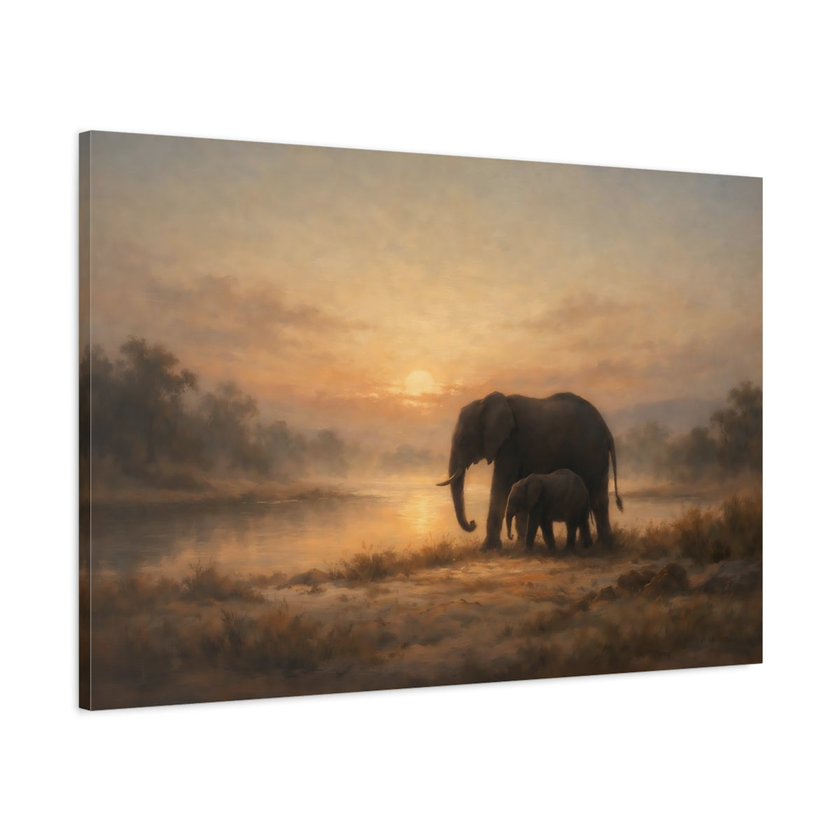 Side Mockup 1. Nature Elephants Warm Sunset Elephants shown as stretched canvas wall art