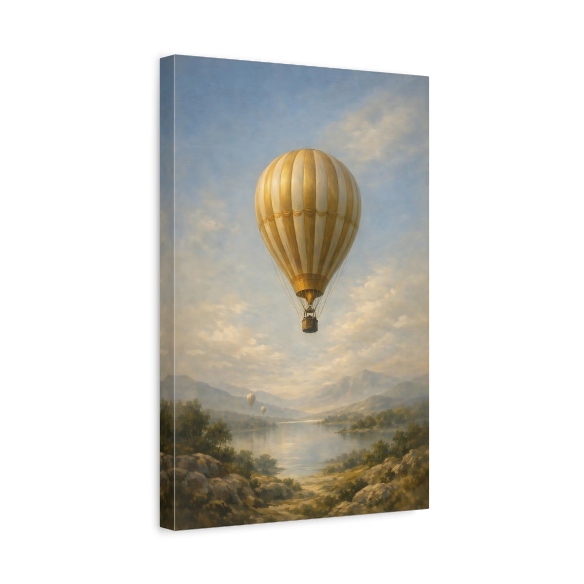 Side Mockup 4. Nature Hot Air Balloon Gold Blue Landscape shown as stretched canvas wall art