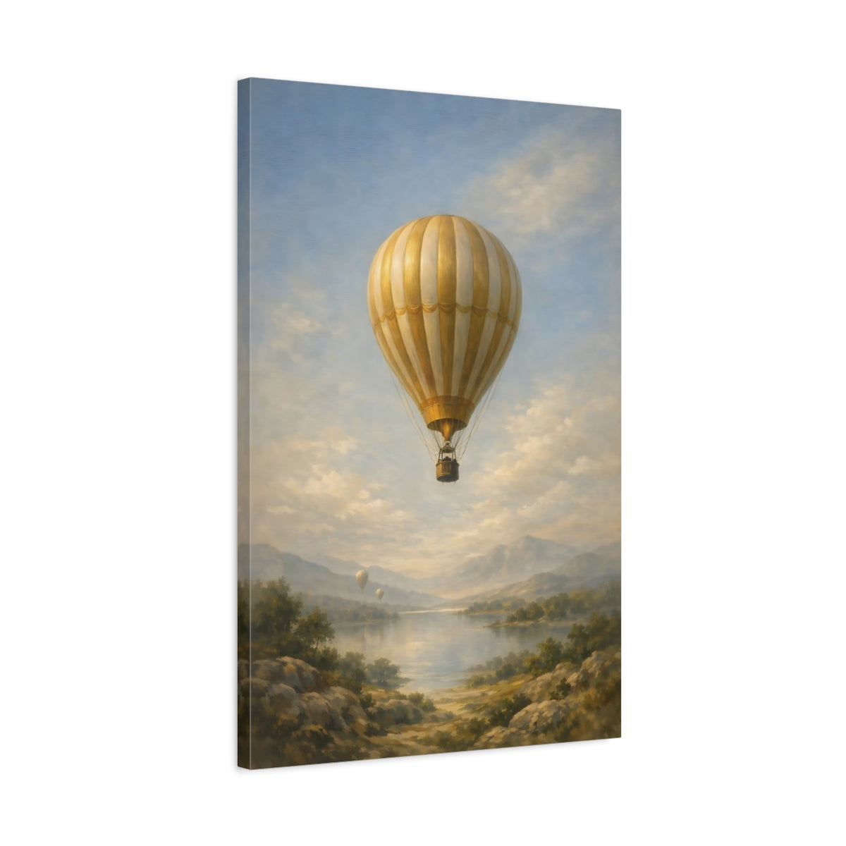 Side Mockup 2. Nature Hot Air Balloon Gold Blue Landscape shown as stretched canvas wall art