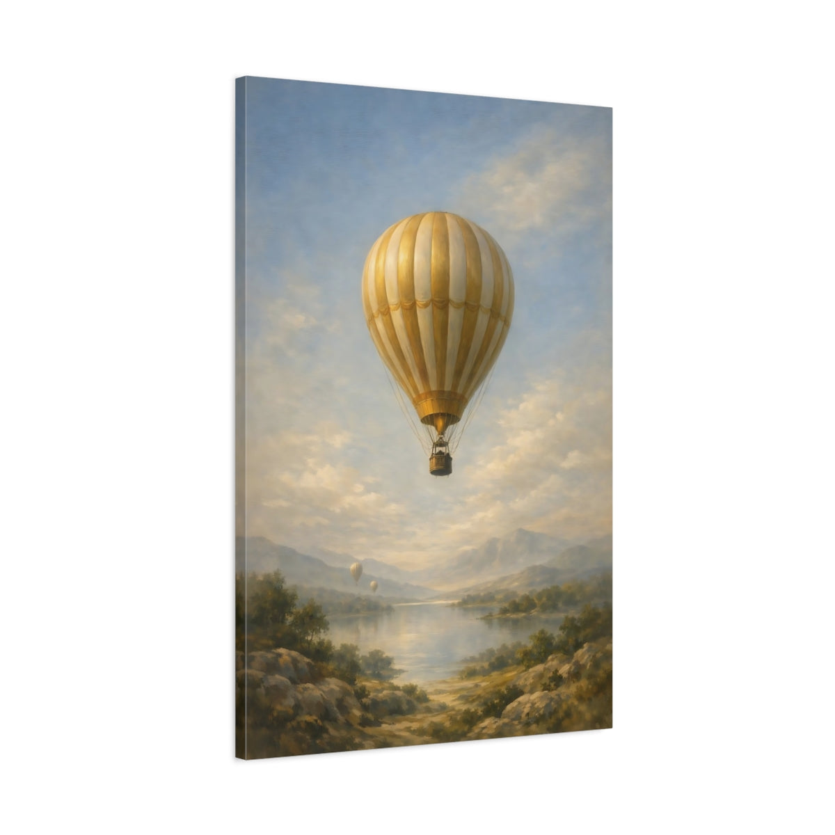 Side Mockup 1. Nature Hot Air Balloon Gold Blue Landscape shown as stretched canvas wall art