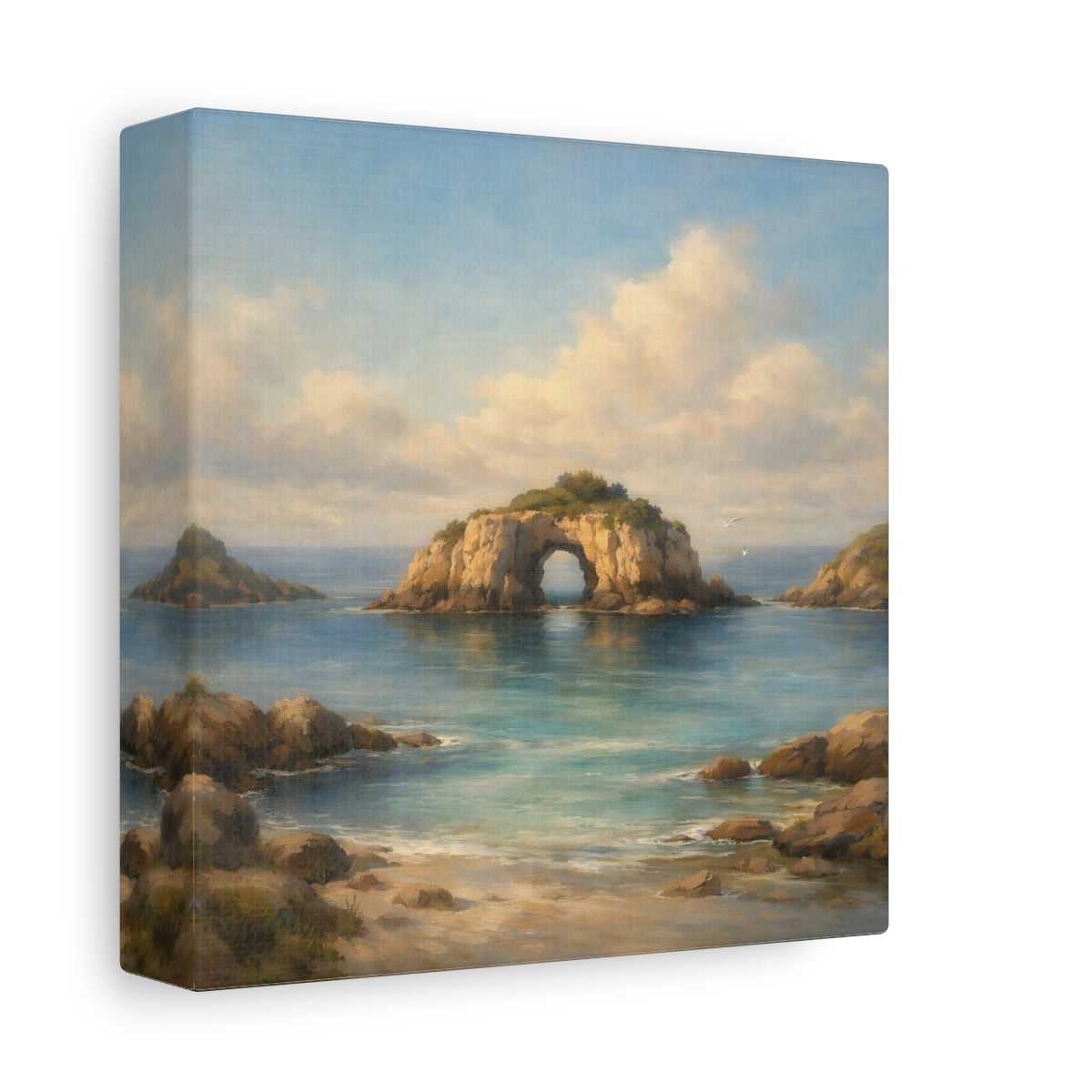 Side Mockup 1. Nature Sea Arch Blue And Brown shown as stretched canvas wall art