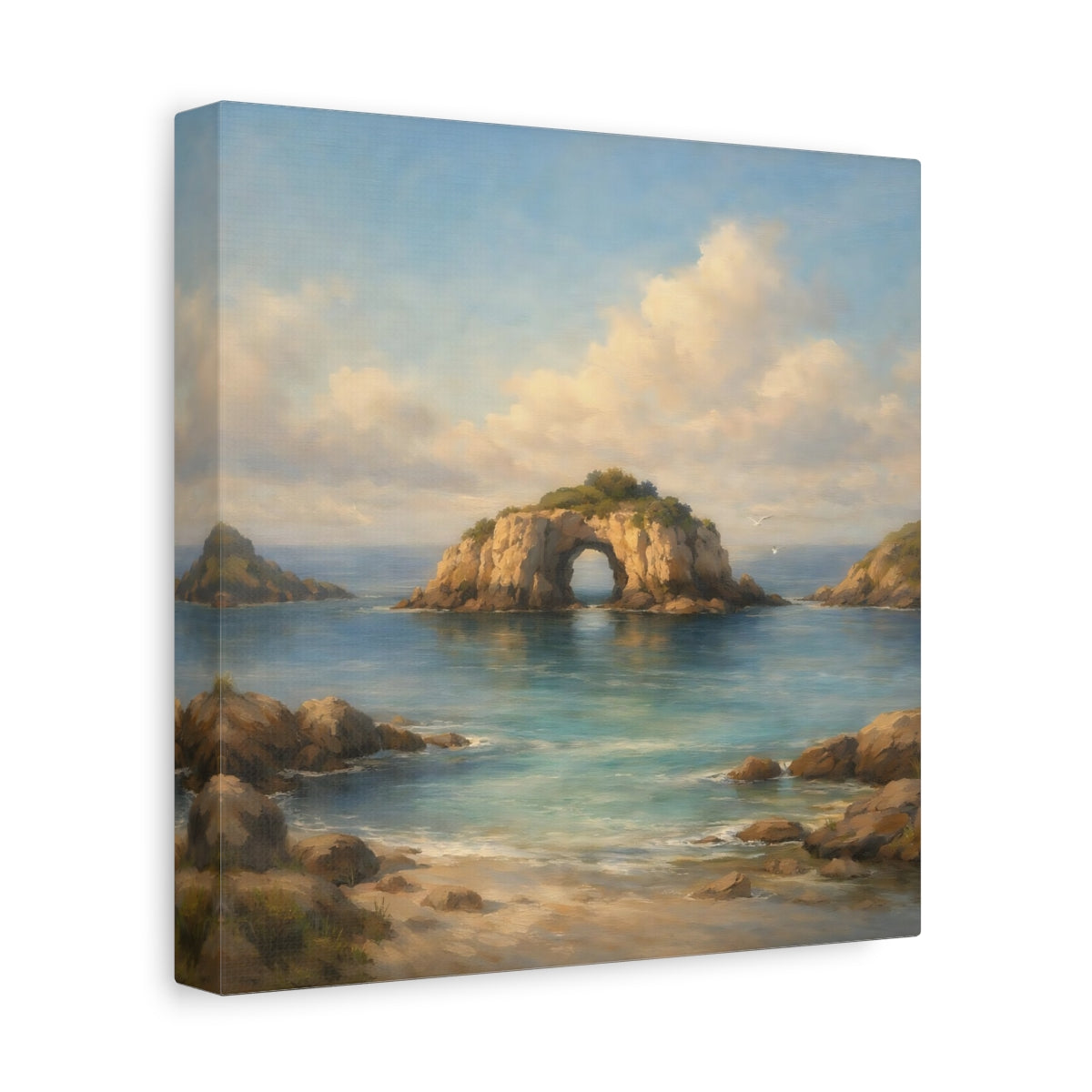Side Mockup 9. Nature Sea Arch Blue And Brown shown as stretched canvas wall art