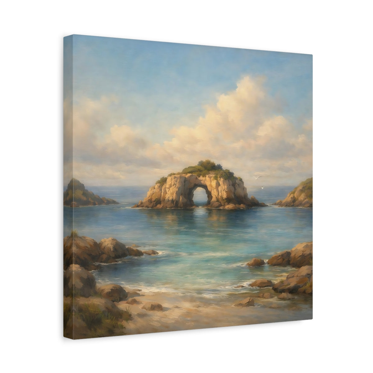 Side Mockup 6. Nature Sea Arch Blue And Brown shown as stretched canvas wall art