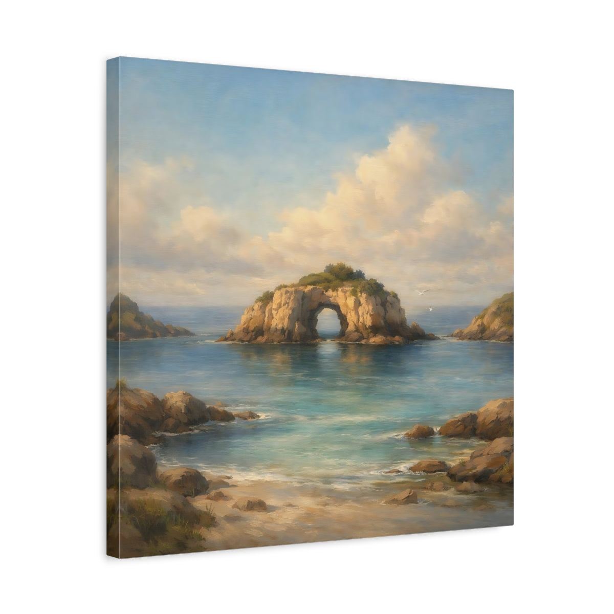 Side Mockup 5. Nature Sea Arch Blue And Brown shown as stretched canvas wall art