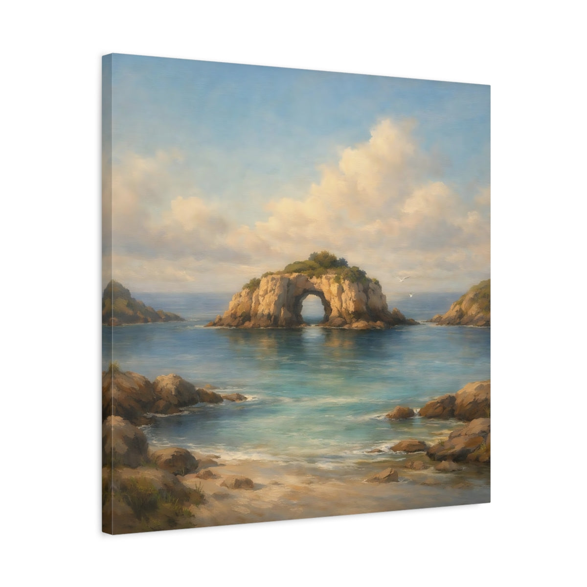 Side Mockup 4. Nature Sea Arch Blue And Brown shown as stretched canvas wall art