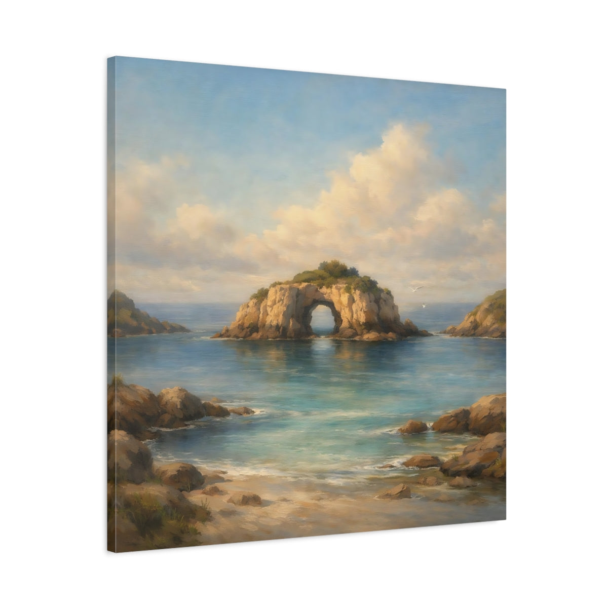 Side Mockup 3. Nature Sea Arch Blue And Brown shown as stretched canvas wall art