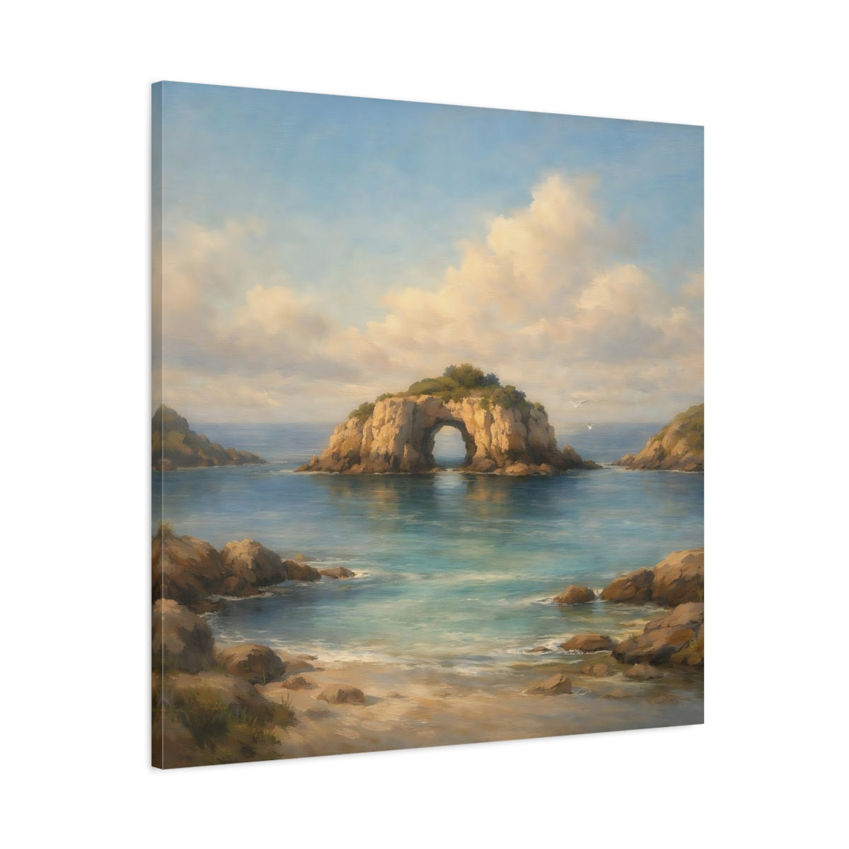 Side Mockup 2. Nature Sea Arch Blue And Brown shown as stretched canvas wall art