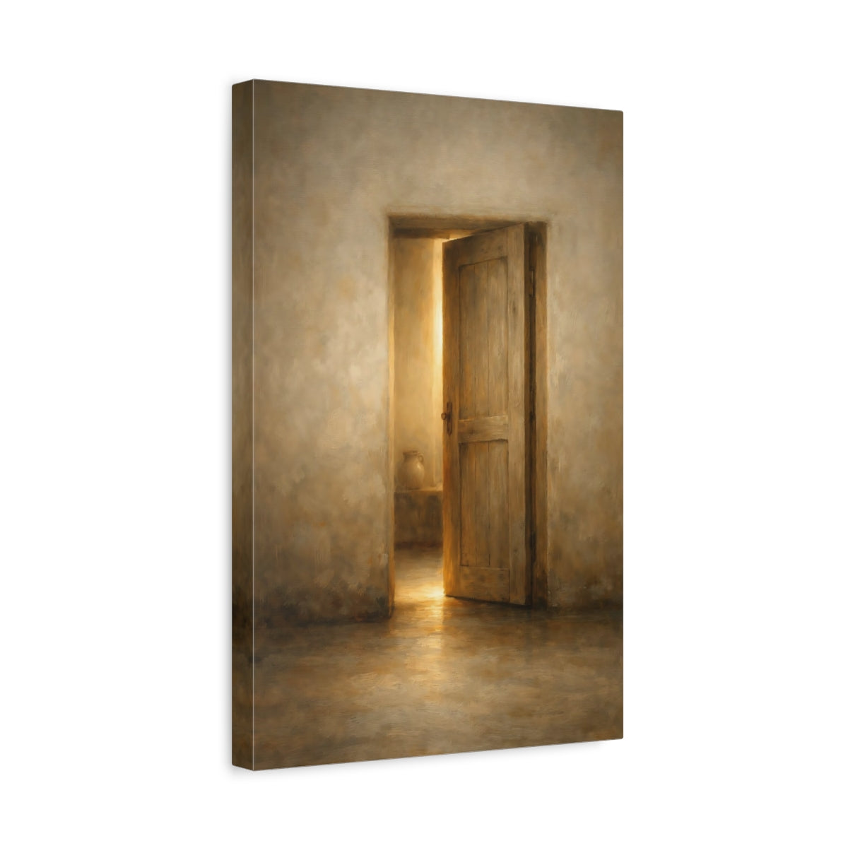 Side Mockup 4. Vintage Open Door Warm Brown Door shown as stretched canvas wall art