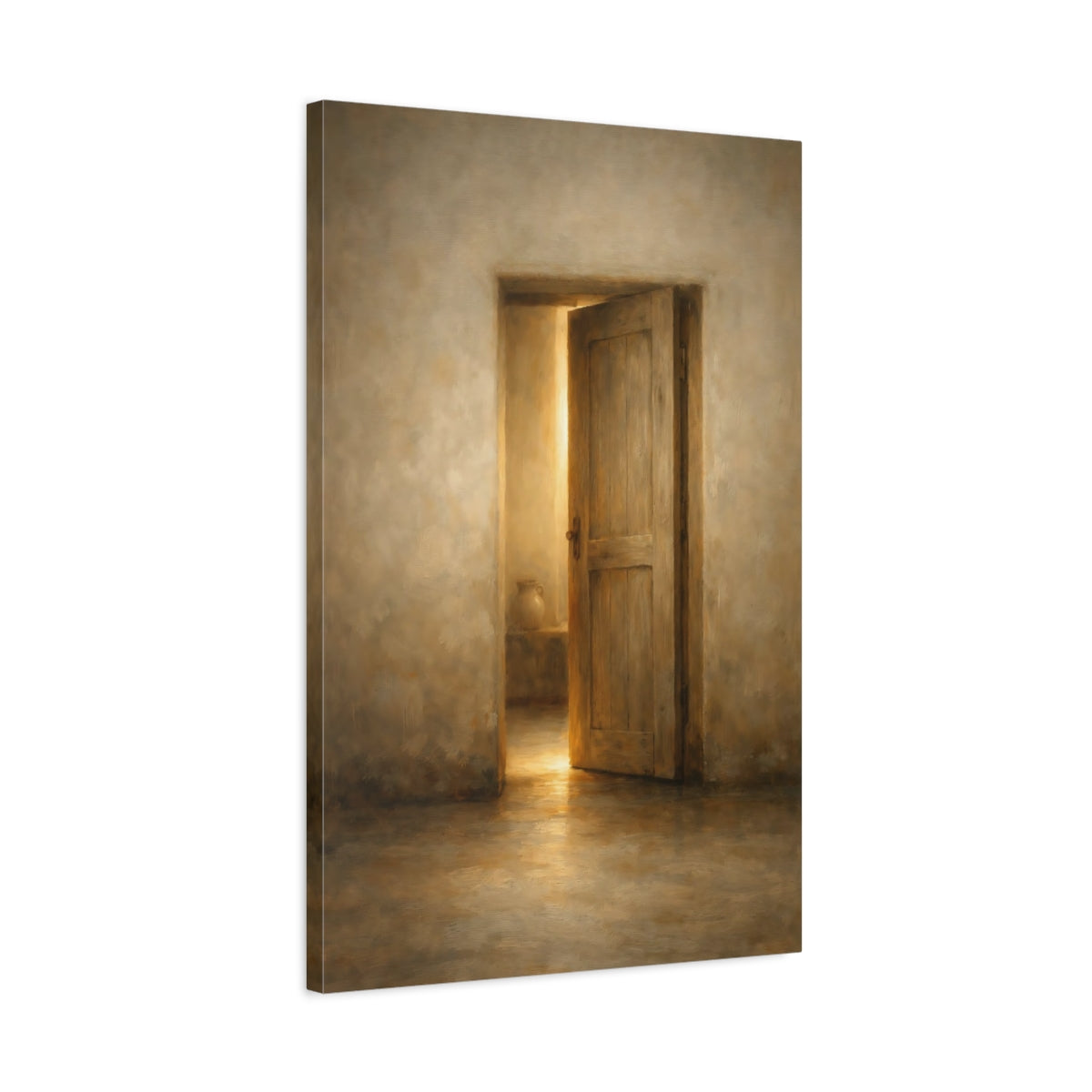 Side Mockup 2. Vintage Open Door Warm Brown Door shown as stretched canvas wall art