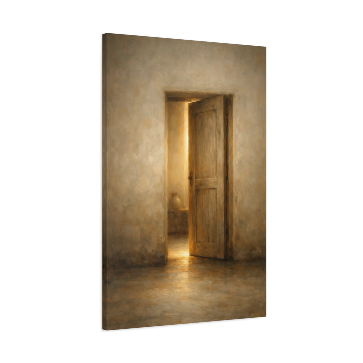 Side Mockup 1. Vintage Open Door Warm Brown Door shown as stretched canvas wall art