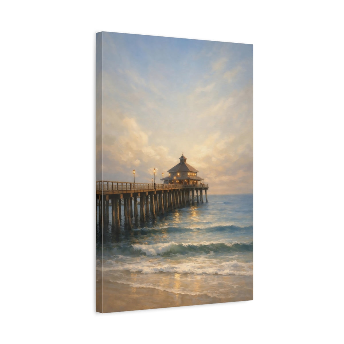 Side Mockup 3. Nature Ocean Pier Coastal Landscape shown as stretched canvas wall art
