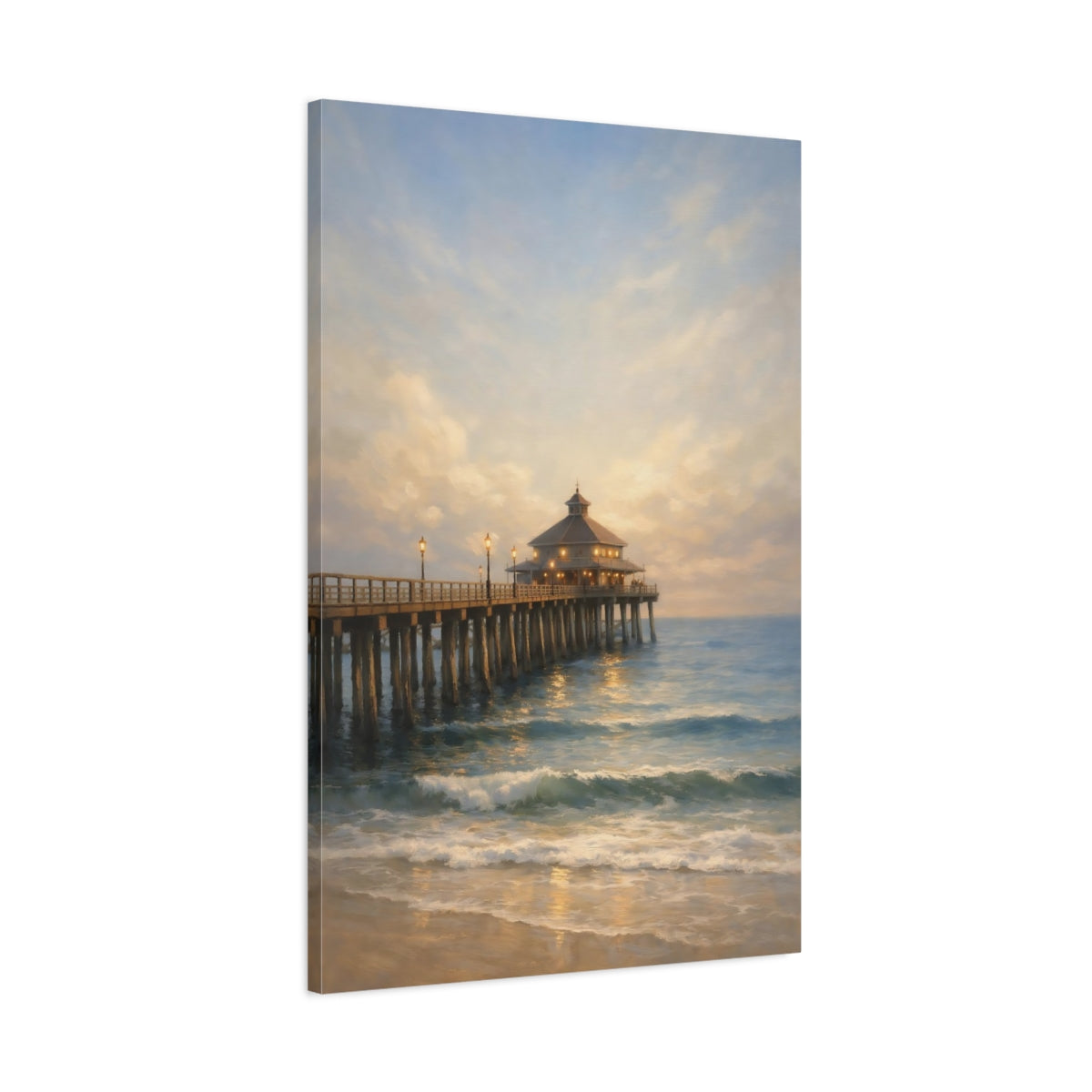 Side Mockup 1. Nature Ocean Pier Coastal Landscape shown as stretched canvas wall art