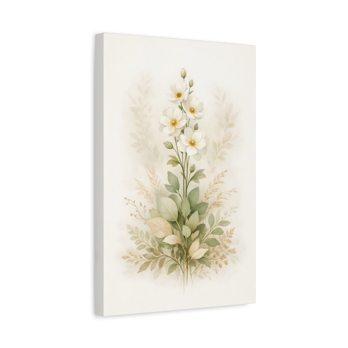 Side Mockup 4. Floral White Flowers White And Green Flowers shown as stretched canvas wall art