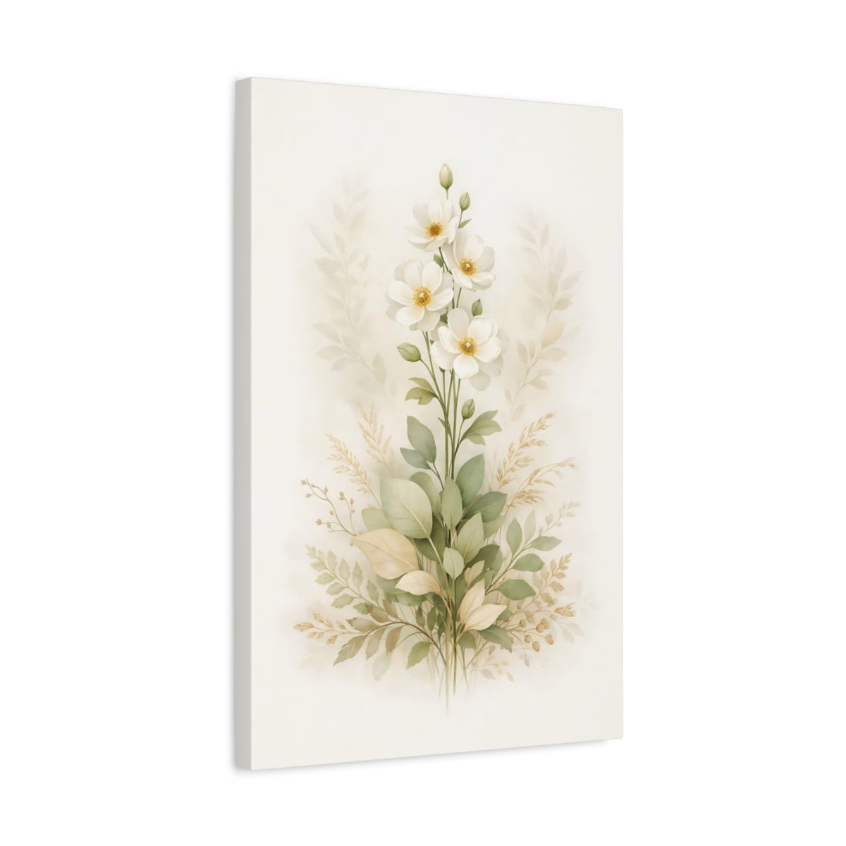 Side Mockup 3. Floral White Flowers White And Green Flowers shown as stretched canvas wall art
