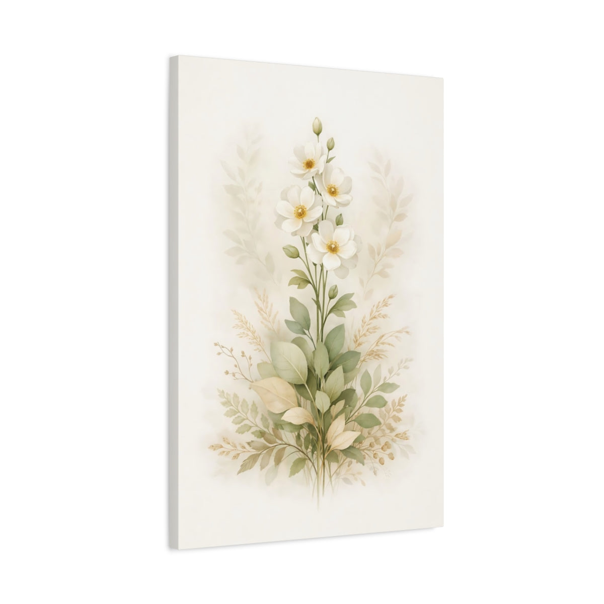 Side Mockup 2. Floral White Flowers White And Green Flowers shown as stretched canvas wall art