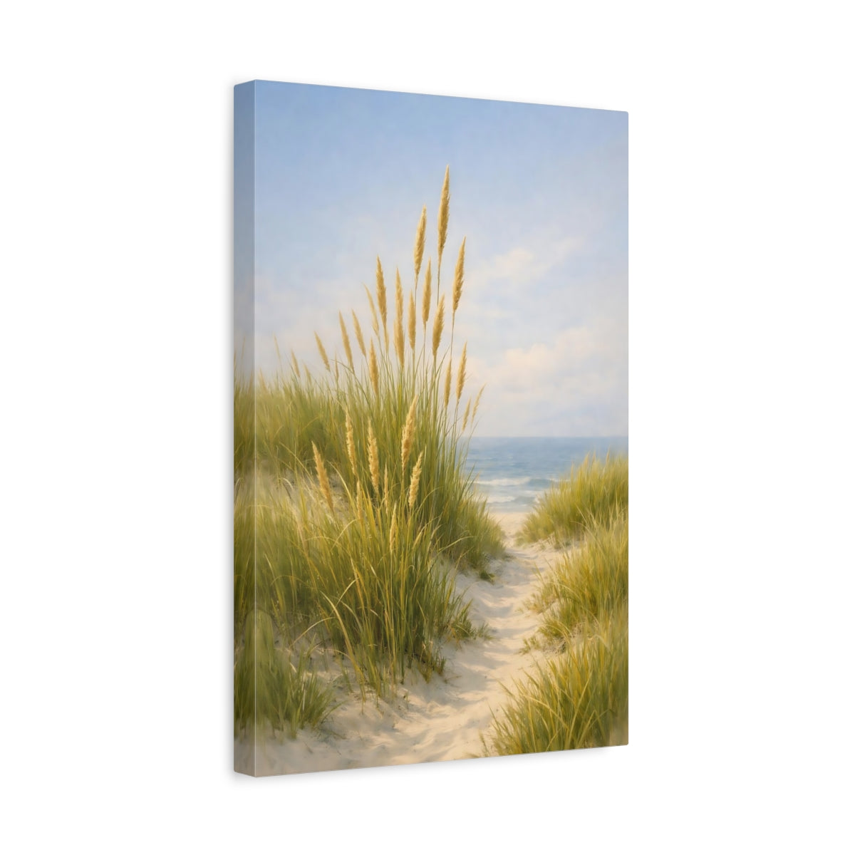 Side Mockup 4. Nature Beach Grass Green And Blue Landscape shown as stretched canvas wall art