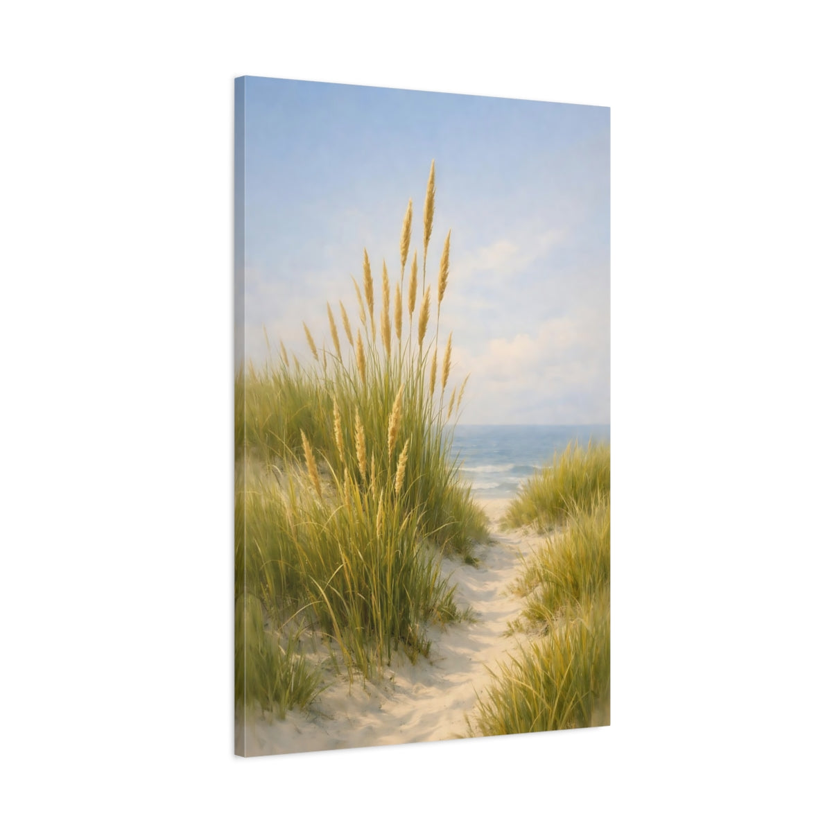 Side Mockup 1. Nature Beach Grass Green And Blue Landscape shown as stretched canvas wall art