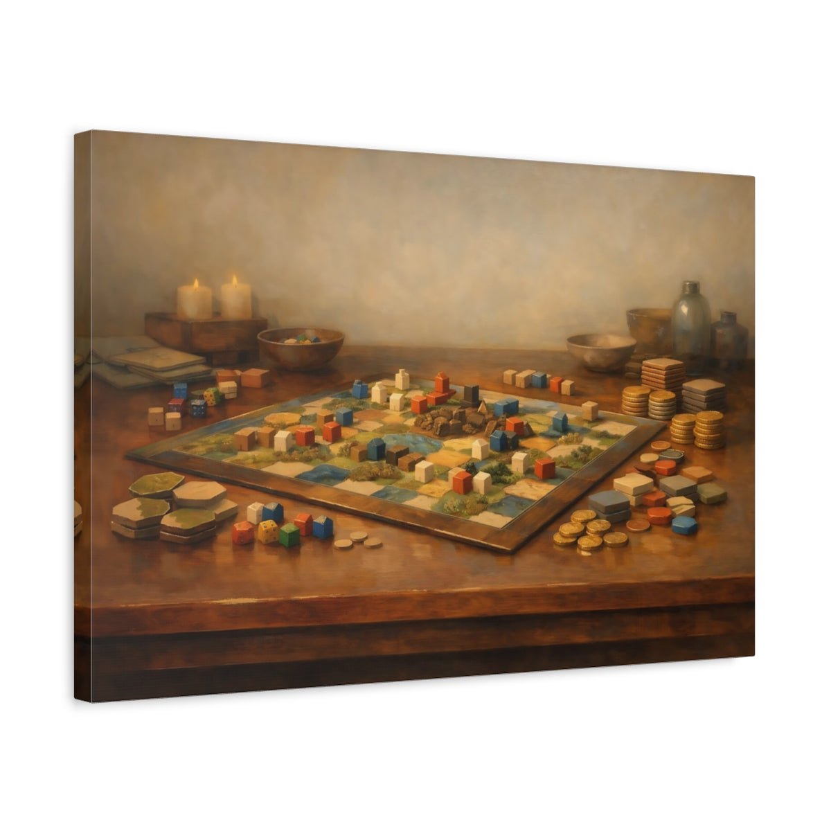 Side Mockup 3. Contemporary Board Game Table Aesthetic Scene shown as stretched canvas wall art