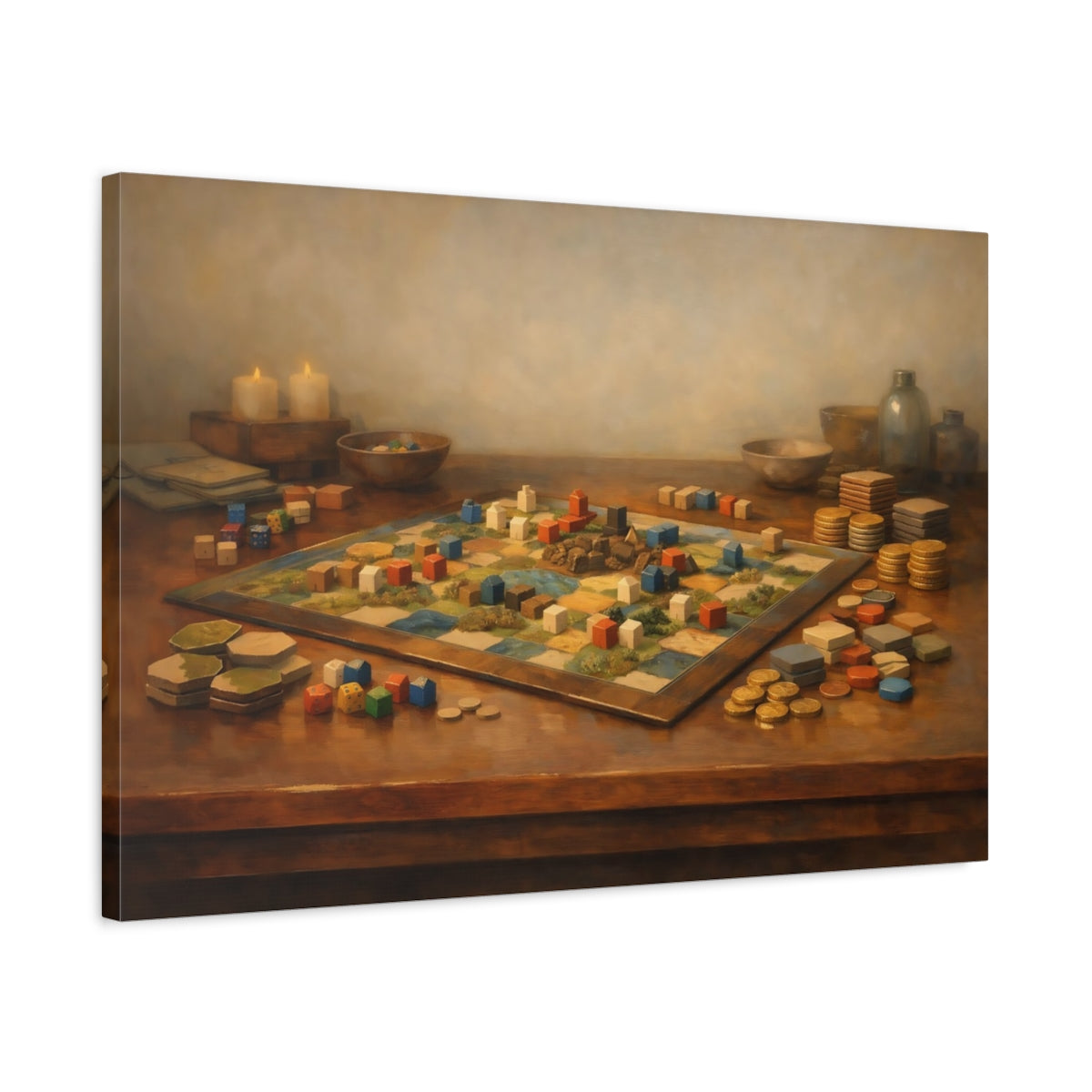 Side Mockup 2. Contemporary Board Game Table Aesthetic Scene shown as stretched canvas wall art