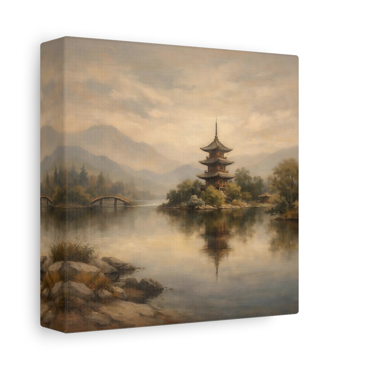 Side Mockup 1. Nature Pagoda Muted Asian Landscape shown as stretched canvas wall art