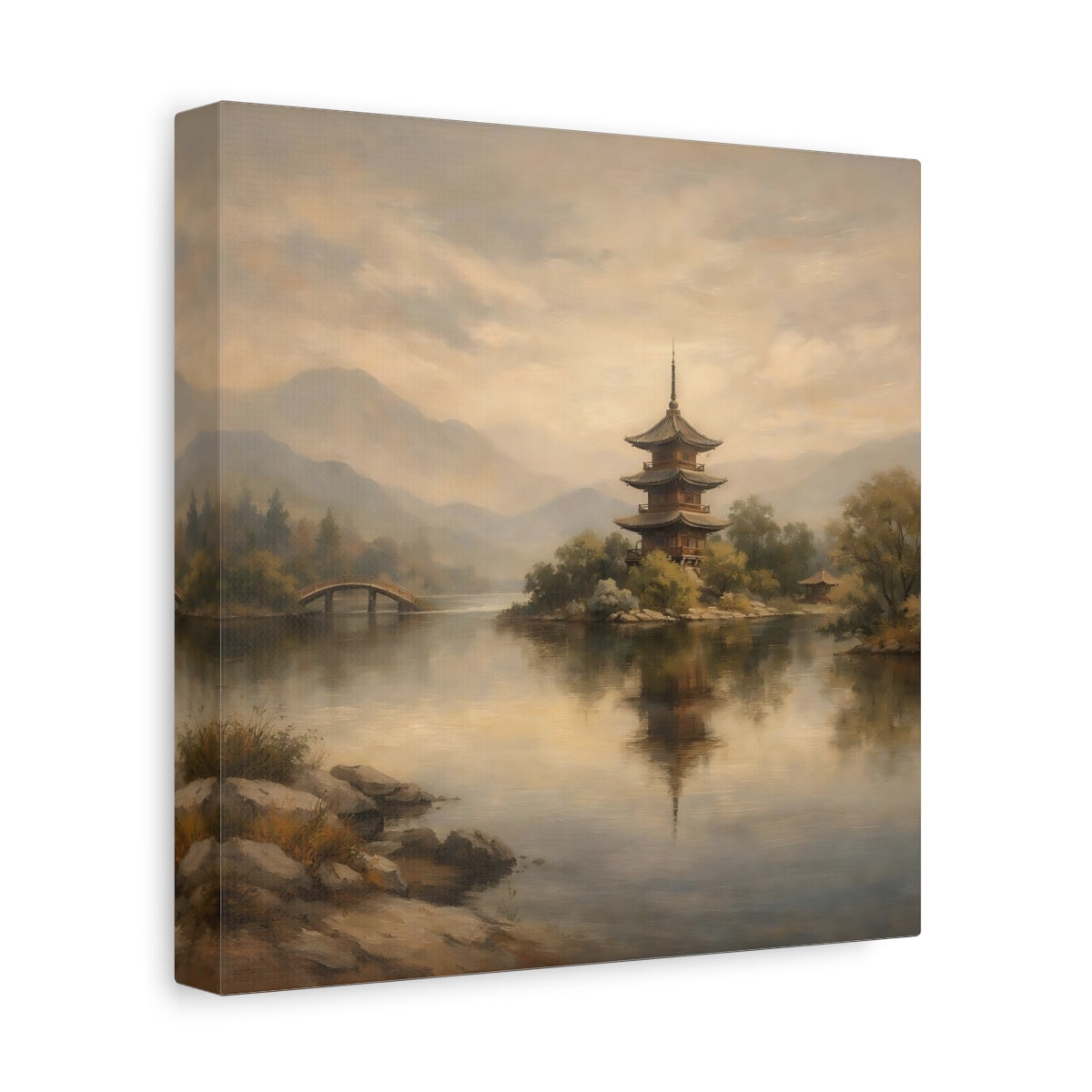 Side Mockup 9. Nature Pagoda Muted Asian Landscape shown as stretched canvas wall art