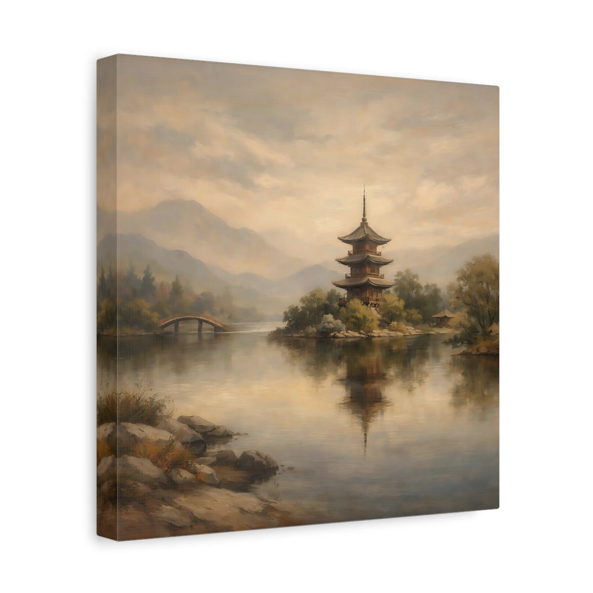 Side Mockup 8. Nature Pagoda Muted Asian Landscape shown as stretched canvas wall art