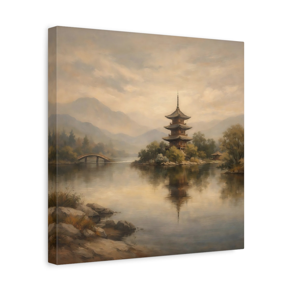 Side Mockup 7. Nature Pagoda Muted Asian Landscape shown as stretched canvas wall art