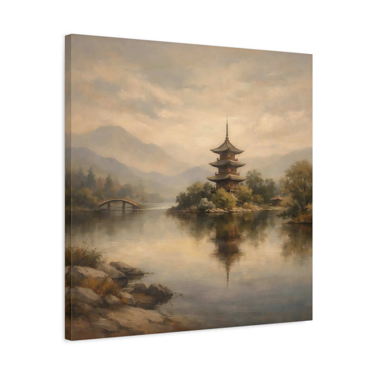 Side Mockup 4. Nature Pagoda Muted Asian Landscape shown as stretched canvas wall art
