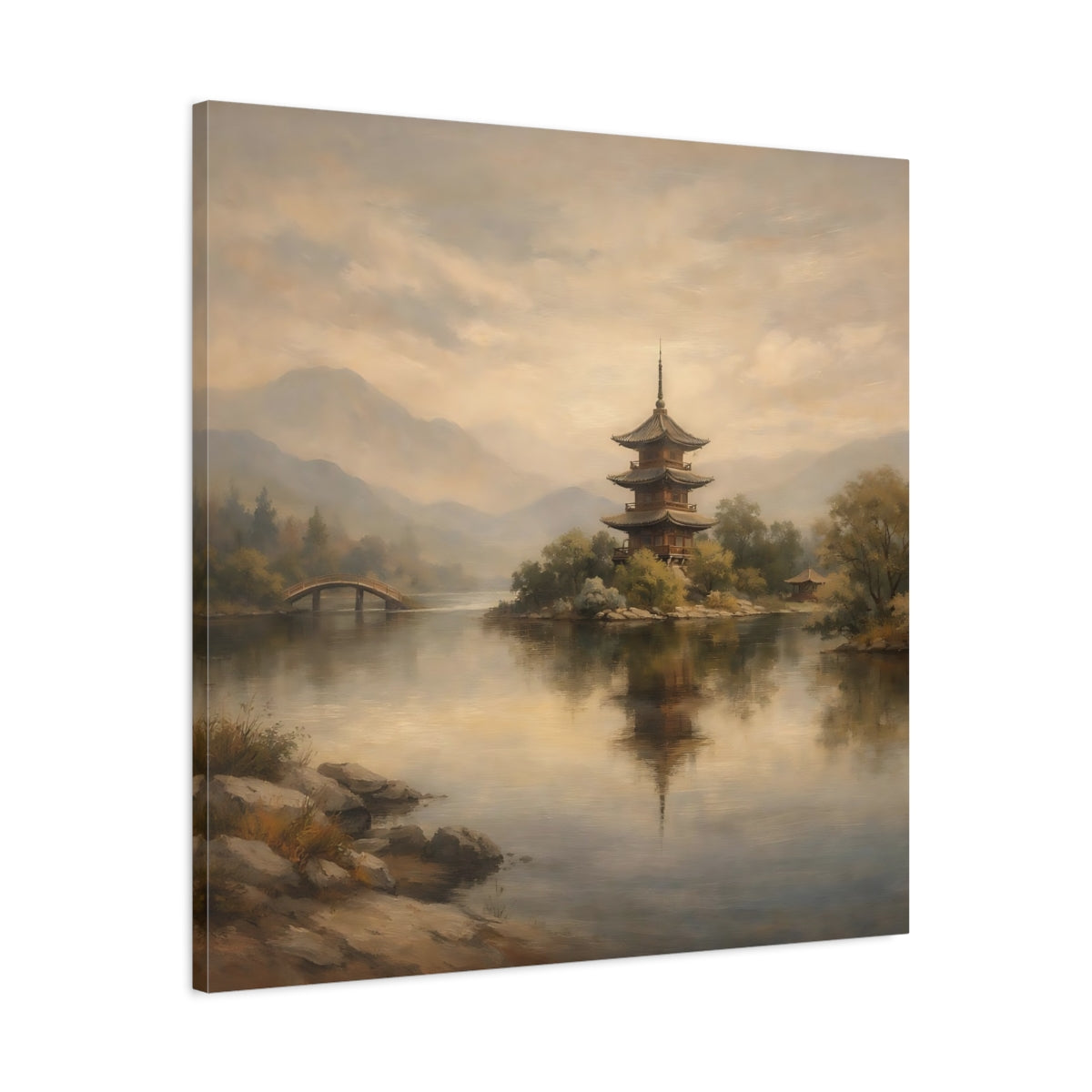 Side Mockup 3. Nature Pagoda Muted Asian Landscape shown as stretched canvas wall art