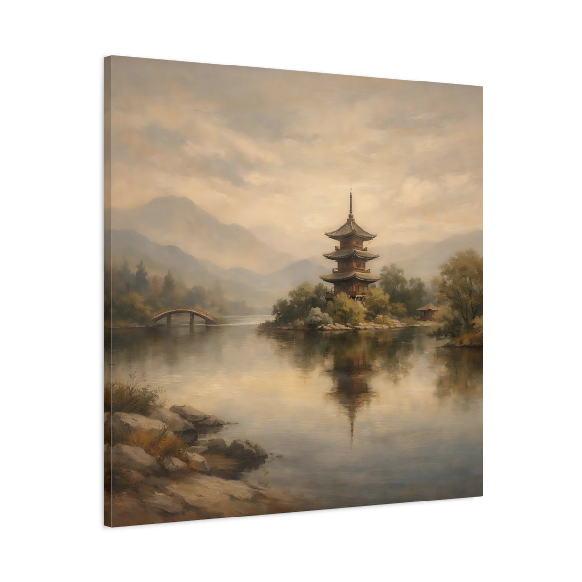 Side Mockup 2. Nature Pagoda Muted Asian Landscape shown as stretched canvas wall art