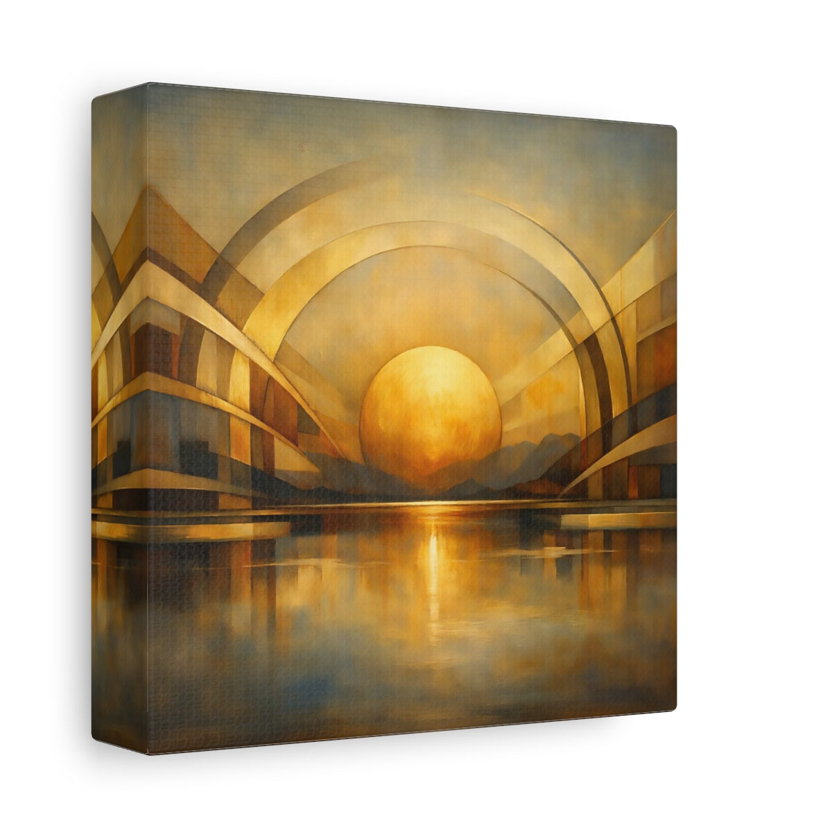 Side Mockup 1. Abstract Golden Sphere Gold Geometric shown as stretched canvas wall art