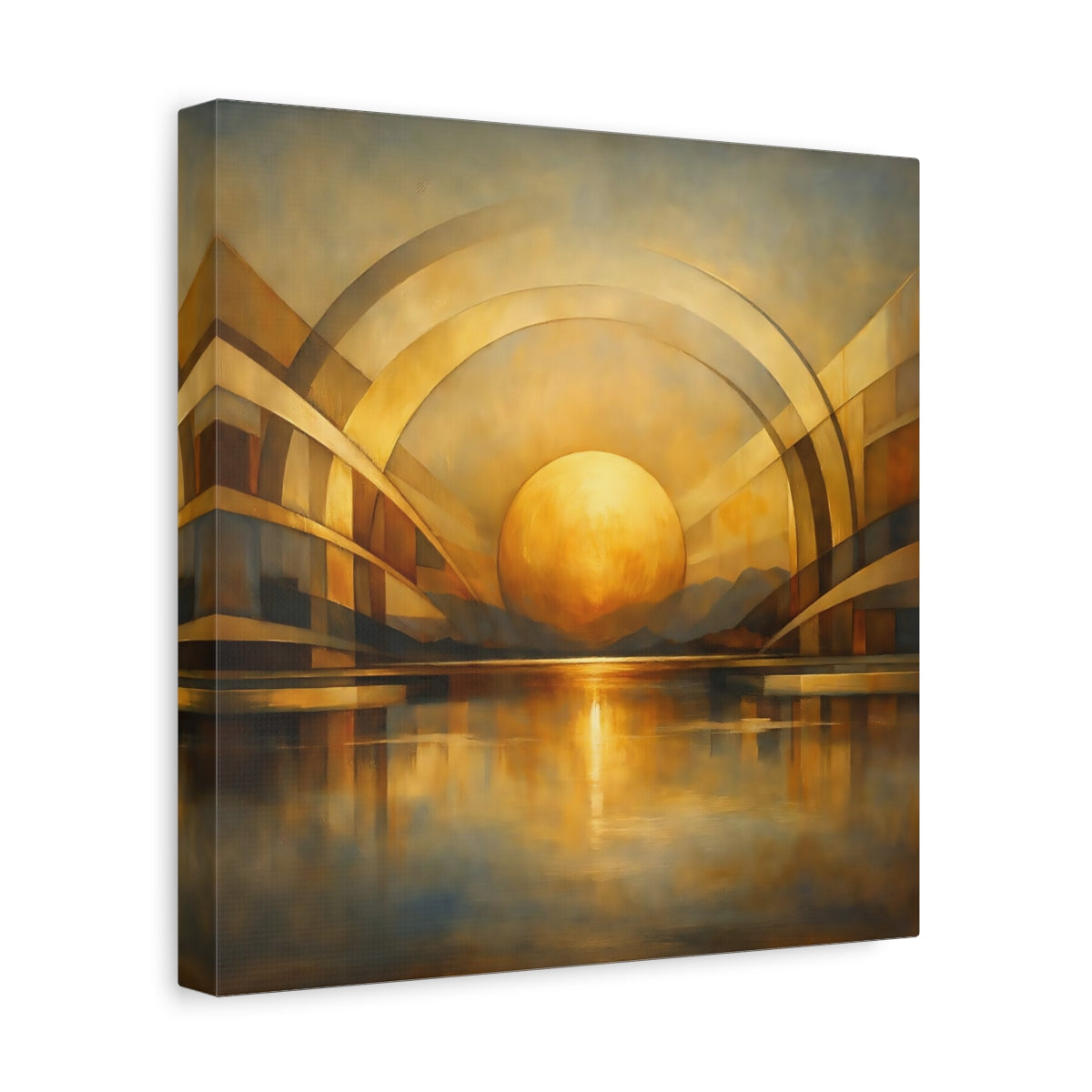 Side Mockup 8. Abstract Golden Sphere Gold Geometric shown as stretched canvas wall art